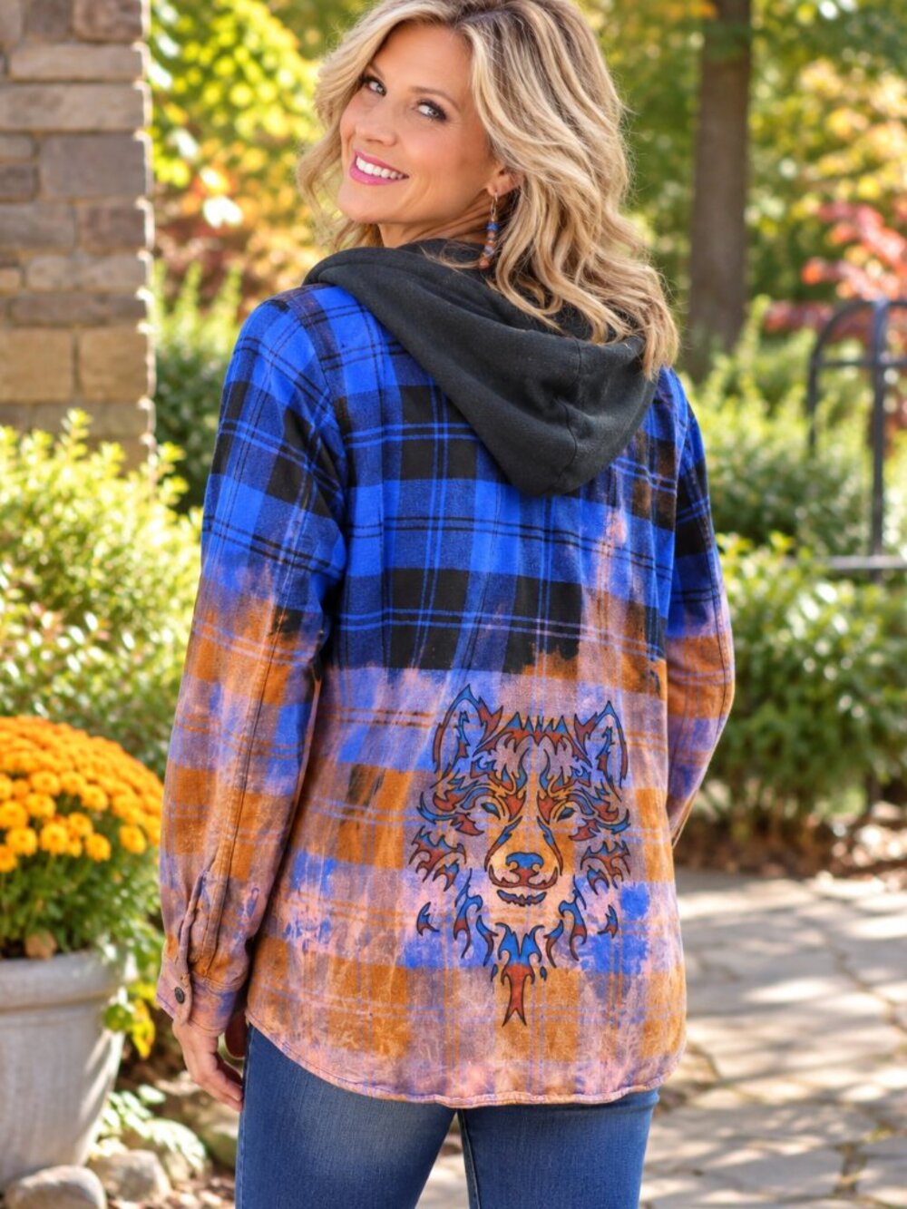 Upcycled Hand Painted Wolf Moon Sun Detachable Hoodie Flannel Shirt - Bleached
